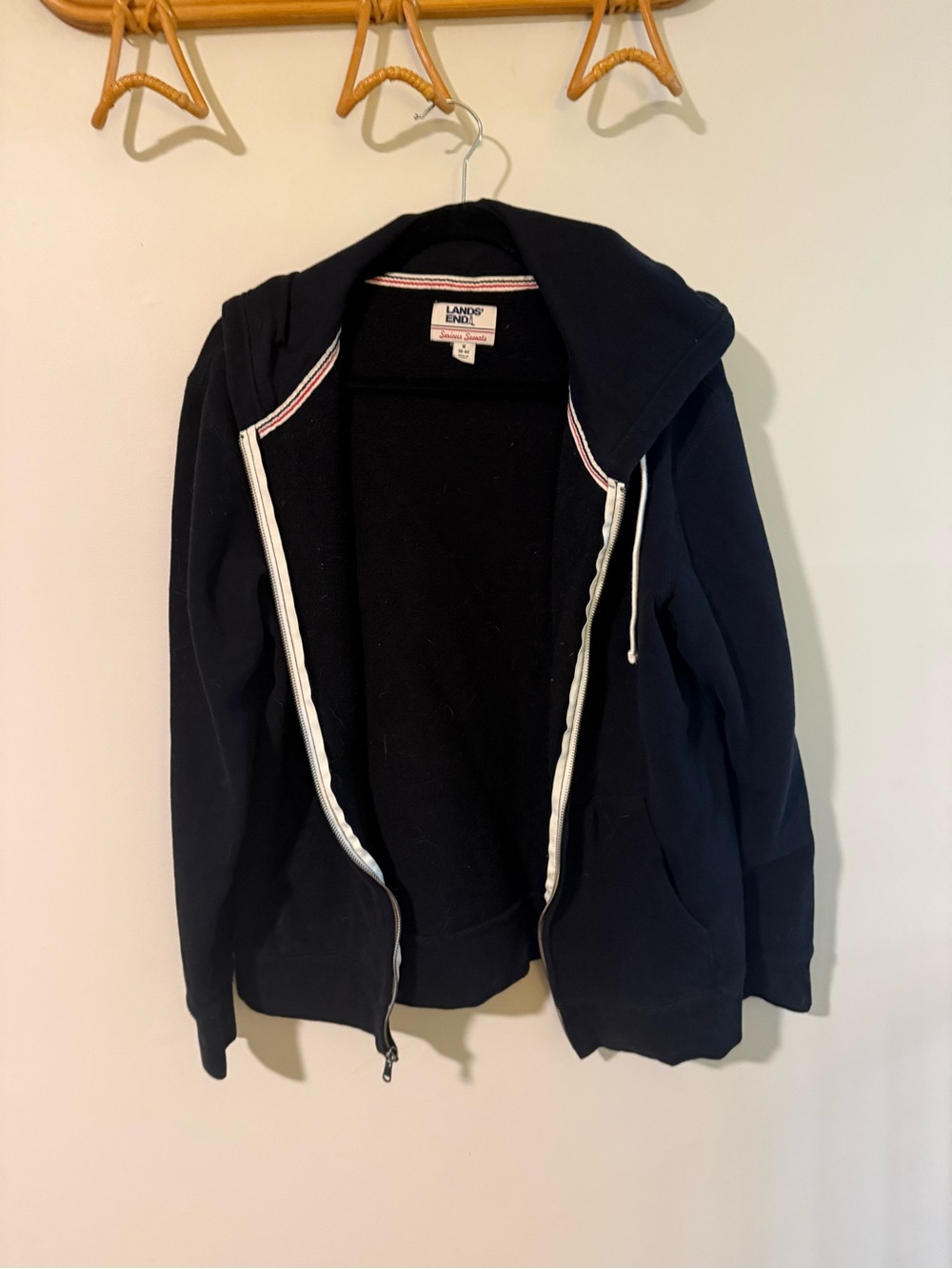 Lands' End black Zip Hoodie with White Trim